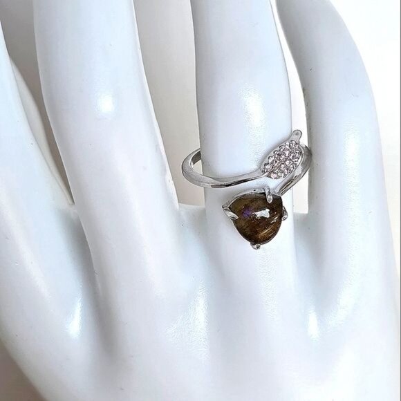 Natural Labradorite & CZ 925 Sterling Silver Ring Sz 6.5 (ADJUSTABLE) - Picture 3 of 7